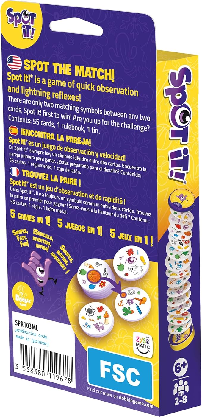 Asmodee Spot It! Classic Card Game (2024 Refresh) - Eco-Blister Edition, 5-in-1 Visual Perception Game for Quick Reflexes and Family Fun, Ages 6+, 2-8 Players, 10 Minute Playtime