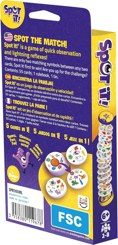 Asmodee Spot It! Classic Card Game (2024 Refresh) - Eco-Blister Edition, 5-in-1 Visual Perception Game for Quick Reflexes and Family Fun, Ages 6+, 2-8 Players, 10 Minute Playtime