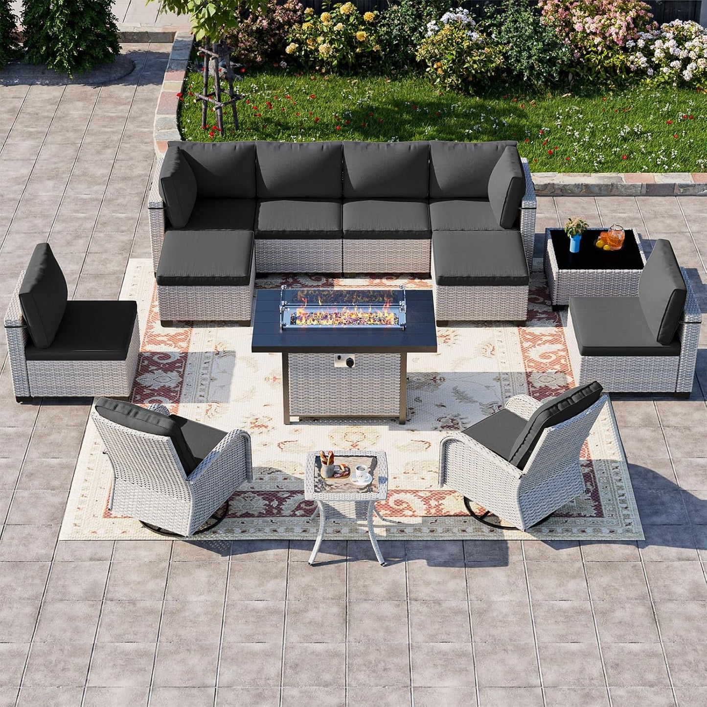 13-Piece Patio Furniture Set, Outdoor Patio Furniture with Swivel Chairs Set, Ottomans, 55,000 BTU Fire Pit Table, Modular Patio Sofa, Dual-Strand Wicker Rattan, Rust-Resistant Frame, Black