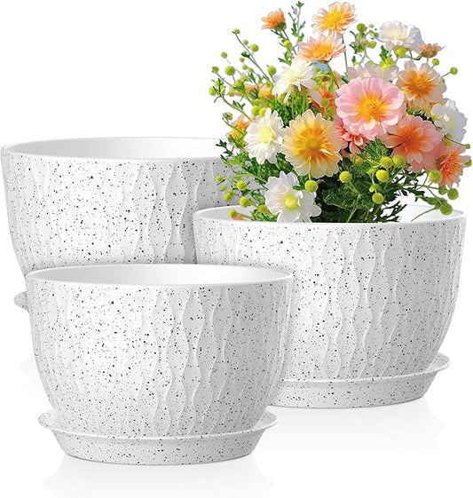12/10/9 inch Large Flower Pots, 3 Set Big Plant Pots for Outdoor Indoor Plants with Water Ripples, Wide Plastic Planters with Drainage Holes and Saucers for Garden House Plants, Speckled White