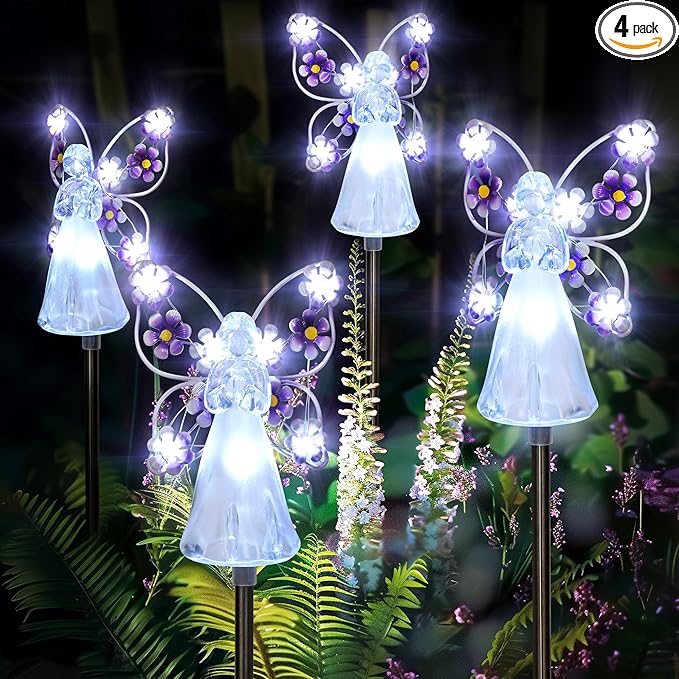 GIGALUMI Solar Angel Garden Stake Lights - 4 Pack Angel Solar Lights Outdoor Garden, Eternal Light Angel with 7 LEDs for Cemetery Grave Decorations, Memorial Gift, Christmas Yard Art, Sympathy Gift