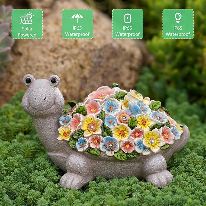 Garden Turtle Statue with Succulent Flowers & Solar LED Lights - Perfect Outdoor & Home Decor Gifts, Turtle Gifts for Women, Mom, Birthdays (Turtle)
