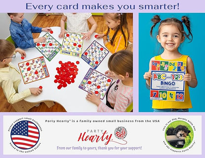 Party Hearty Alphabet and Number, ABC and 123 Bingo Board Game for Kindergarten and Preschool Kids Learn to Read Fun 2 Versions for Ages 4 and Up (Animal Edition)