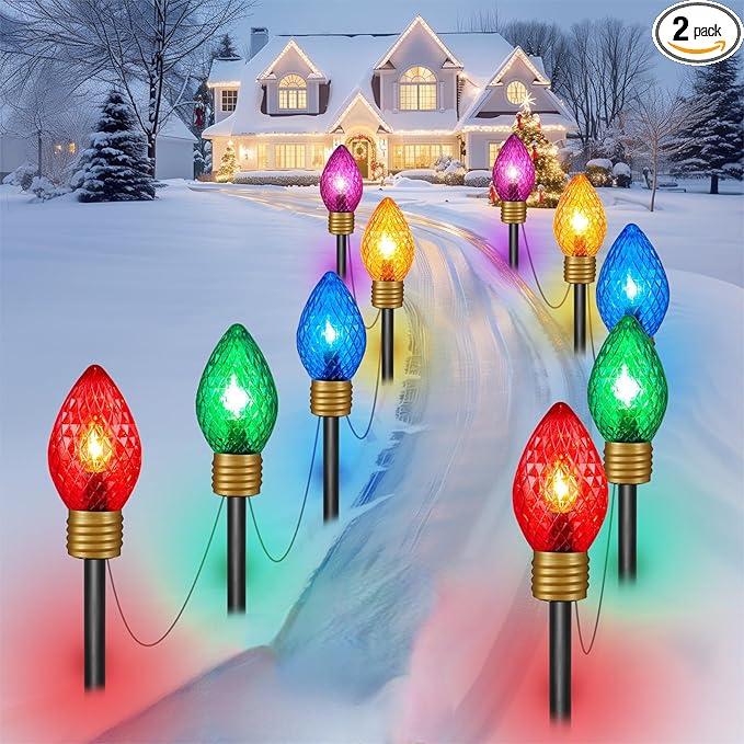 Brightown 2 Pack Strawberry Jumbo C9 Christmas Pathway Lights Outdoor Decorations Lawn,Total 17 Ft 10 LED String Lights Covered Jumbo Multicolored Walkway Lights Bulb for Holiday Outside Yard Decor