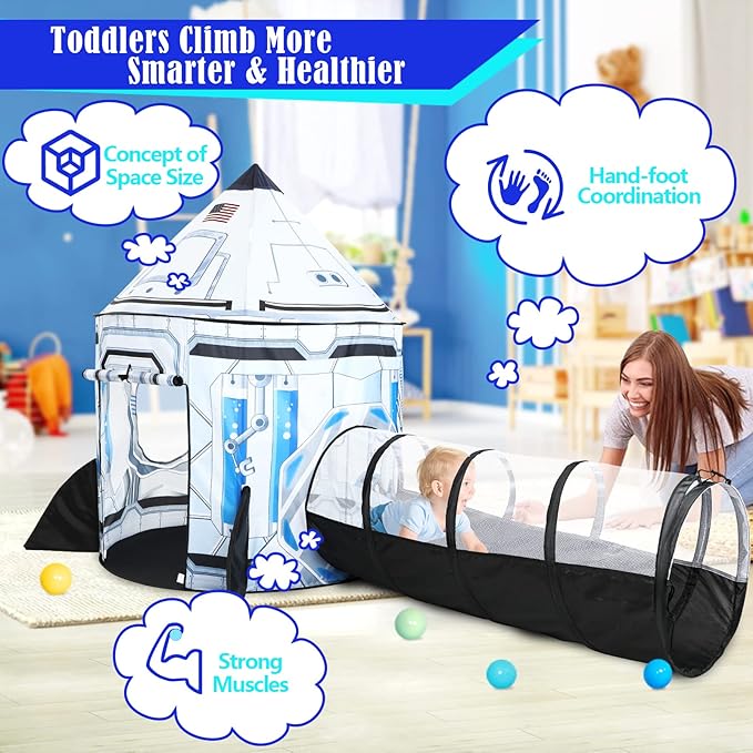 Kids Ball Pit for Play Tent: 3PC Rocket Ship Baby Gifts with Projection Flashlight, Spaceship Tents and Crawl Tunnel for Toddlers, Astronaut Pop Up Playhouse Toys for Indoor Outdoor Games (White)