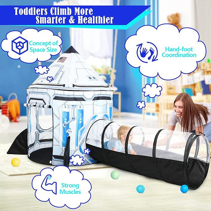 Kids Ball Pit for Play Tent: 3PC Rocket Ship Baby Gifts with Projection Flashlight, Spaceship Tents and Crawl Tunnel for Toddlers, Astronaut Pop Up Playhouse Toys for Indoor Outdoor Games (White)