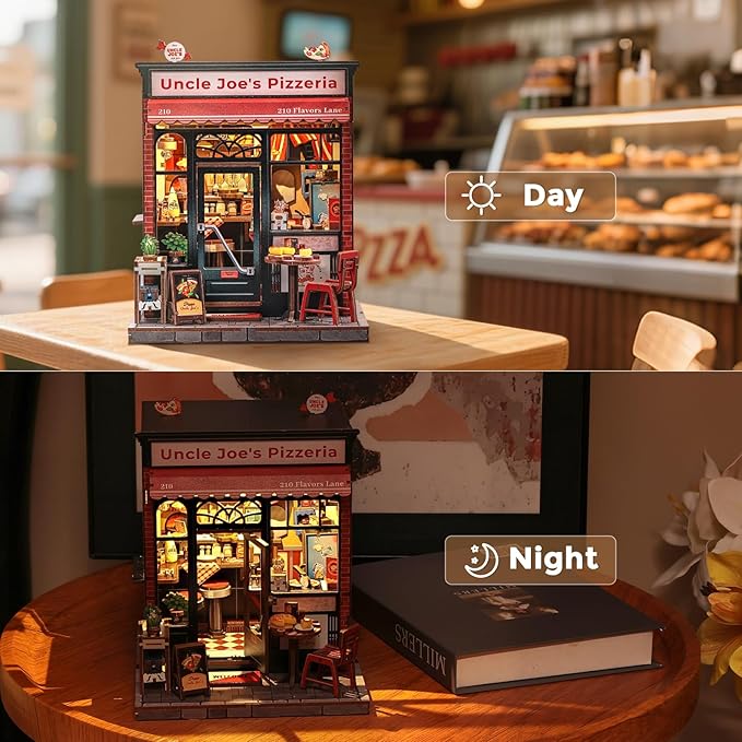 CUTEBEE Book Nook Kit - DIY Miniature House Dollhouse Kit for Adults and Teens, Booknook Tiny House Bookshelf 3D Wooden Puzzle, Gifts for Family (Uncle Joe's Pizzeria)