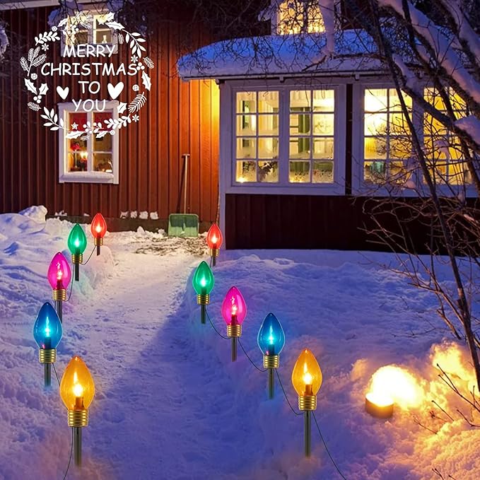 2 Pack Christmas Lights Jumbo C9 Outdoor Lawn Decorations with Pathway Marker Stakes, 8.5Ft C7 Lights Covered Jumbo Glitter Multicolor Bulb for Holiday Outside Yard Garden Decor, 10 Lights