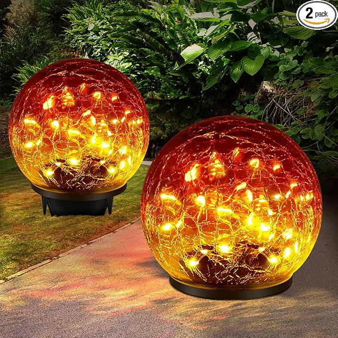 2 Pack Garden Solar Lights Outdoor Decorative, 60 LED Gradient red Cracked Glass Solar Globe Lights, Upgraded Waterproof Ball Lights for Yard Pathway Patio Christmas Outside Decor, 4.73"