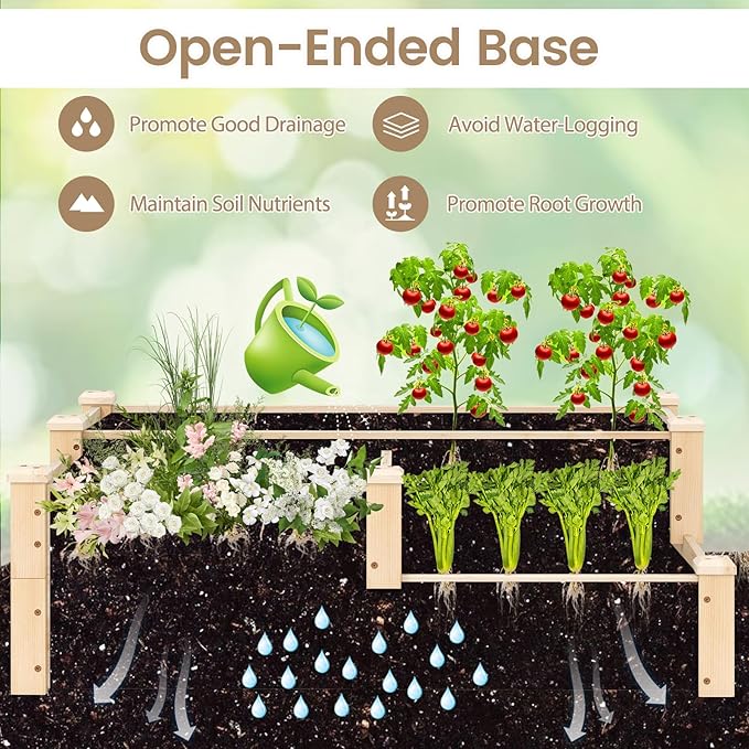 HAPPYGRILL 3-Tier Raised Garden Bed, Wood Elevated Planter Box w/Open-Ended Base, 3 Planting Depths& 2 Arrangement Options for Yard Lawn, Outdoor Planter Raised Beds for Vegetables Herbs Fruits