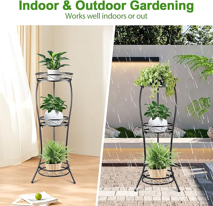 Metal Plant Stand Shelf Rack Indoor Outdoor Multiple Black 3 Tier Tall Corner Flower Pot Holder Stands Tiered Wrought Iron Planter Shelves for Patio Living Room Balcony Office (Black)