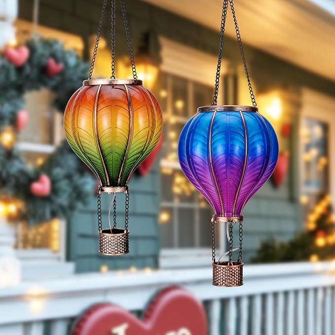 TERESA'S COLLECTIONS 2 Pack Hanging Solar Lantern Outdoor Garden Decor for Valentine ,Waterproof Plastic Hot Air Balloon Orange Flickering Flame Effect Lantern for Yard Tree,Gift for Mom,18"