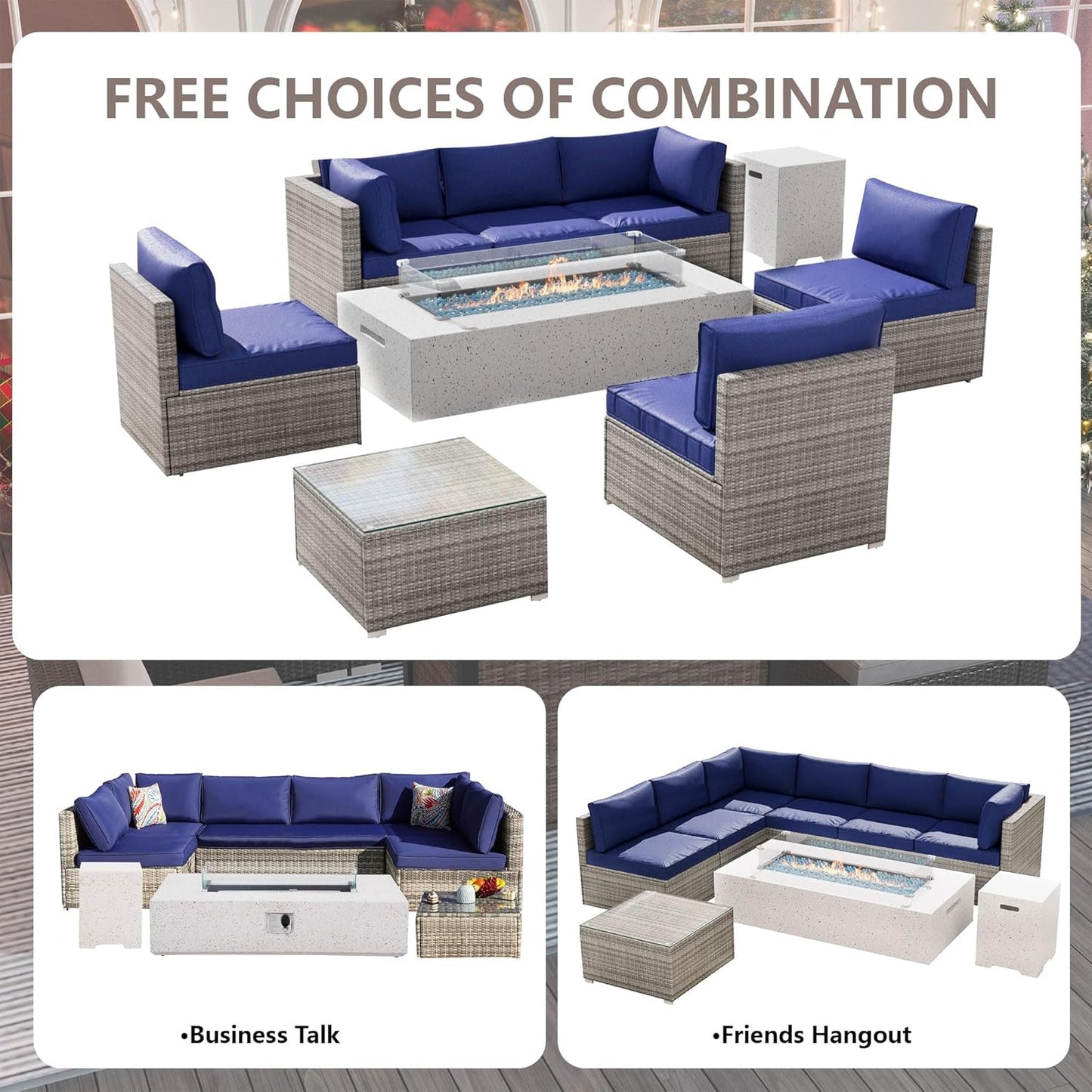8 Piece Patio Furniture Set - Outdoor Conversation Sets with 56" Fire Table and Coffee Table, Rattan Modular Sofa Set for Garden/Poolside, Navy Blue/Grey