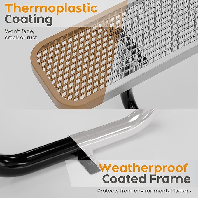 Metal Picnic Tables for Outdoors with Umbrella Hole - Coated Steel Heavy Duty Commercial Grade Table with Adjustable Seats (Brown, 46 in, Square, Expanded Steel)