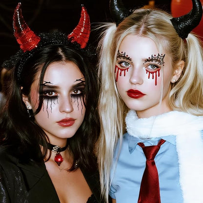 Halloween Bloody Eyeliner Temporary Tattoos for Adults, 16 Pairs Blood Red Eyes Fake Tattoos, Gothic Spooky Designs with Spiders Web, Bats, Skulls, Bloody palm