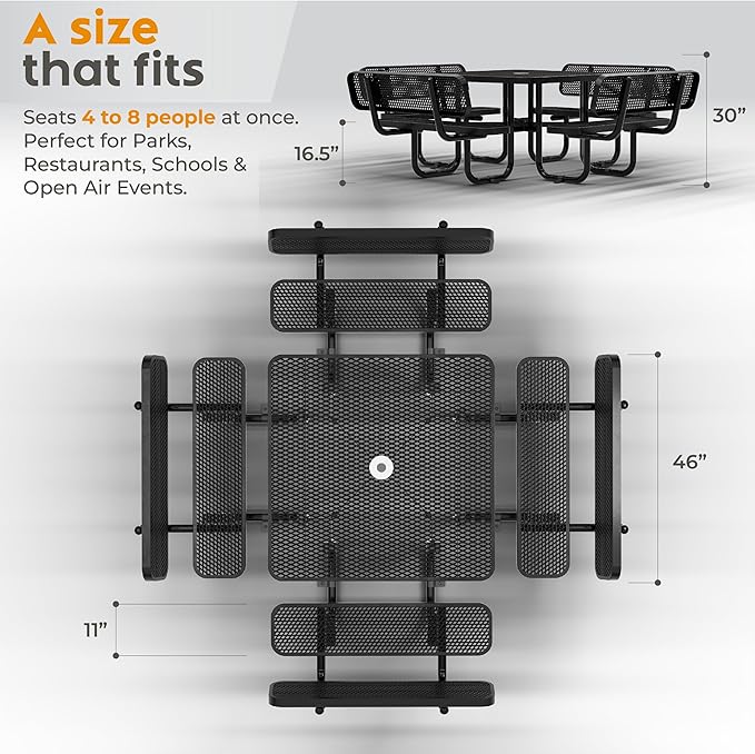 Metal Picnic Tables for Outdoors with Umbrella Hole - Coated Steel Heavy Duty Commercial Grade Table with Adjustable Seats (Black, 46 in, Square with Back, Expanded Steel)