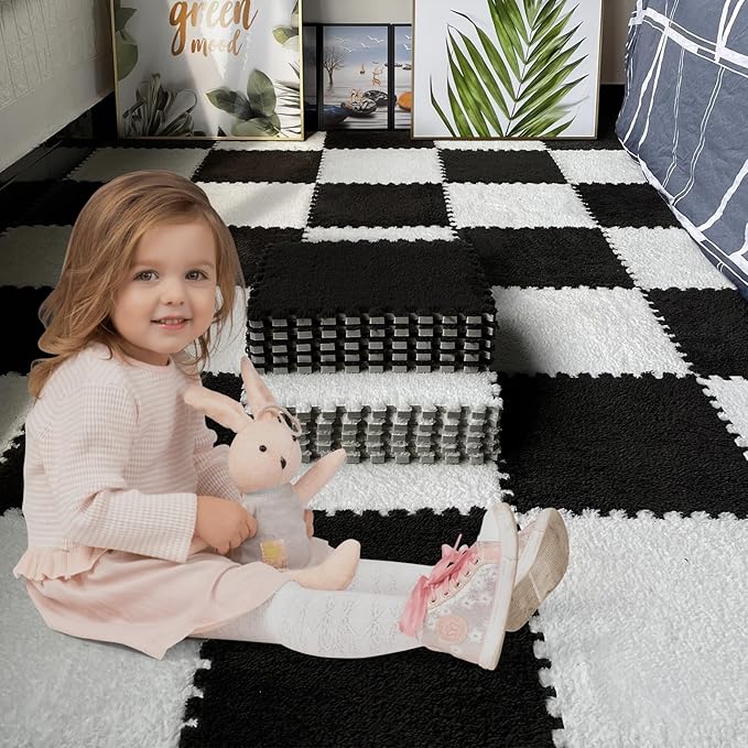 16pcs 0.6" Thickened Interlocking Tile Mats,Fluffy Shaggy Soft EVA Foam Area Rug for Living Room & Bedroom,Non-Slip Protective Floor Carpet Play Mat Kids Baby Dorm Home Decor (11.8ft, Black)