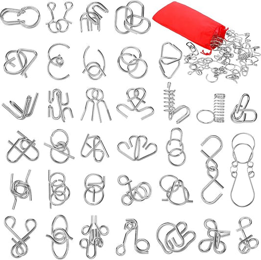 Yilloog Metal Brain Teaser Puzzles Set of 36 with Pouch, Steel IQ Games Physics Mind Metal Puzzles for Adults Basket Stocking Stuffers for Boys Girls Adults Challenge Gifts (Easy)