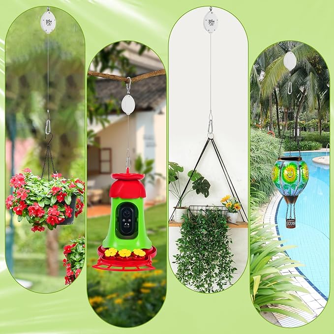 Plant Pulleys for Hanging Plants, Heavy Duty Retractable Hangers, 304 Stainless Steel Rope, Auto Plant Holder, Adjustable Climbing Hook for Garden Baskets Watering, or Bird Feeders 2PC (White)