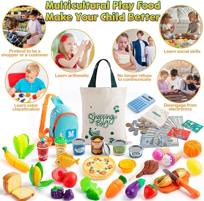 68PCS Grocery Store Play Food Sets for Kids Kitchen, Cutting Toy Food with Shopping Bags Calculator for Kids Toddler Pretend Food with Pizza Veggies Fruits Fake Food Play Kitchen Accessories Girl Gift