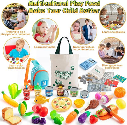 68PCS Grocery Store Play Food Sets for Kids Kitchen, Cutting Toy Food with Shopping Bags Calculator for Kids Toddler Pretend Food with Pizza Veggies Fruits Fake Food Play Kitchen Accessories Girl Gift