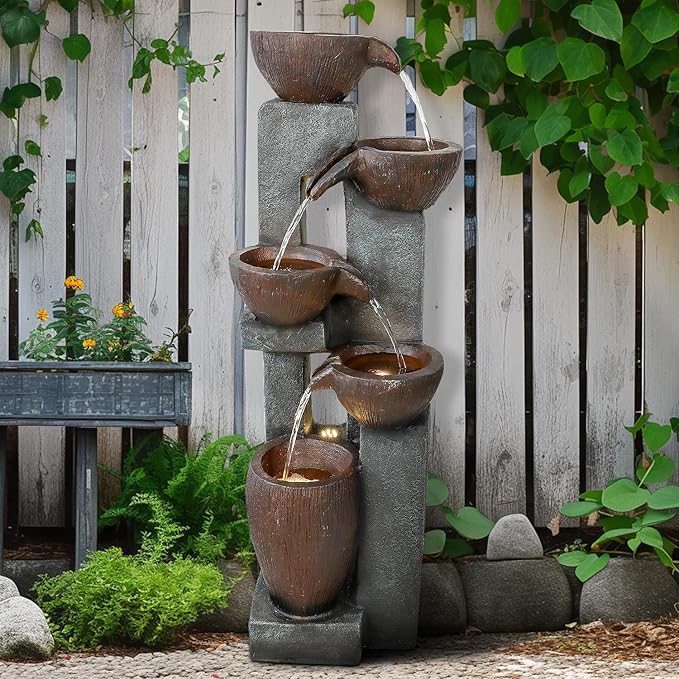 Naturefalls 39” H Modern Outdoor Fountain - 5 Crocks Outdoor Garden Fountains with Contemporary Design&LED Light for Garden, Patio, Deck, Porch, Backyard and Home Art Decor