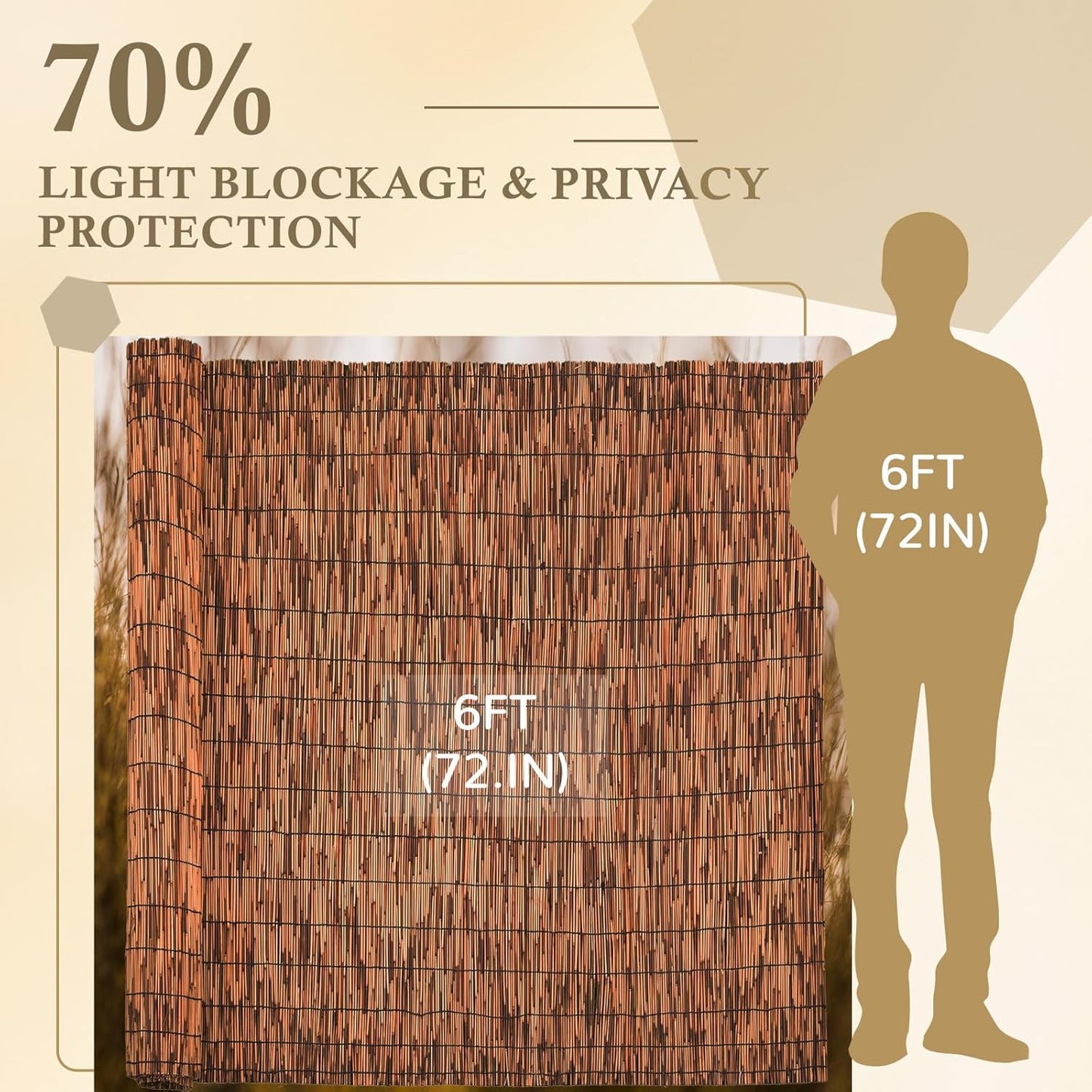 Brown 6FT X 16.4FT Reed Fencing Roll, Balcony Privacy Reed Shade Bamboo Fencing Garden Fence Border, Wind Block Sunshade Fence Screen for Outdoor Yard Patio Flower Bed Edge