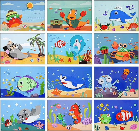 3D EVA Foam Stickers for Toddlers 12PCS Sticky Foam DIY Craft Preschool Art Class Drawing Sticker Puzzle Art Kit for Kids Boys Girls (Sea Animals)