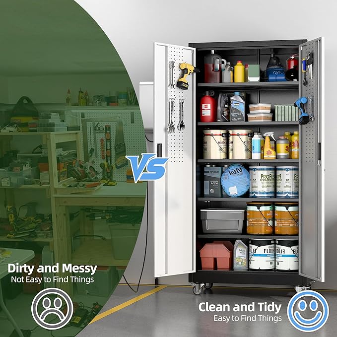 Metal Garage Storage Cabinet with Wheels & Pegboard, Lockable Metal Storage Cabinets with 2 Doors&5 Adjustable Shelves for Garage&Home,Assembly Required,Black Gray 71''H x32''W x16''D