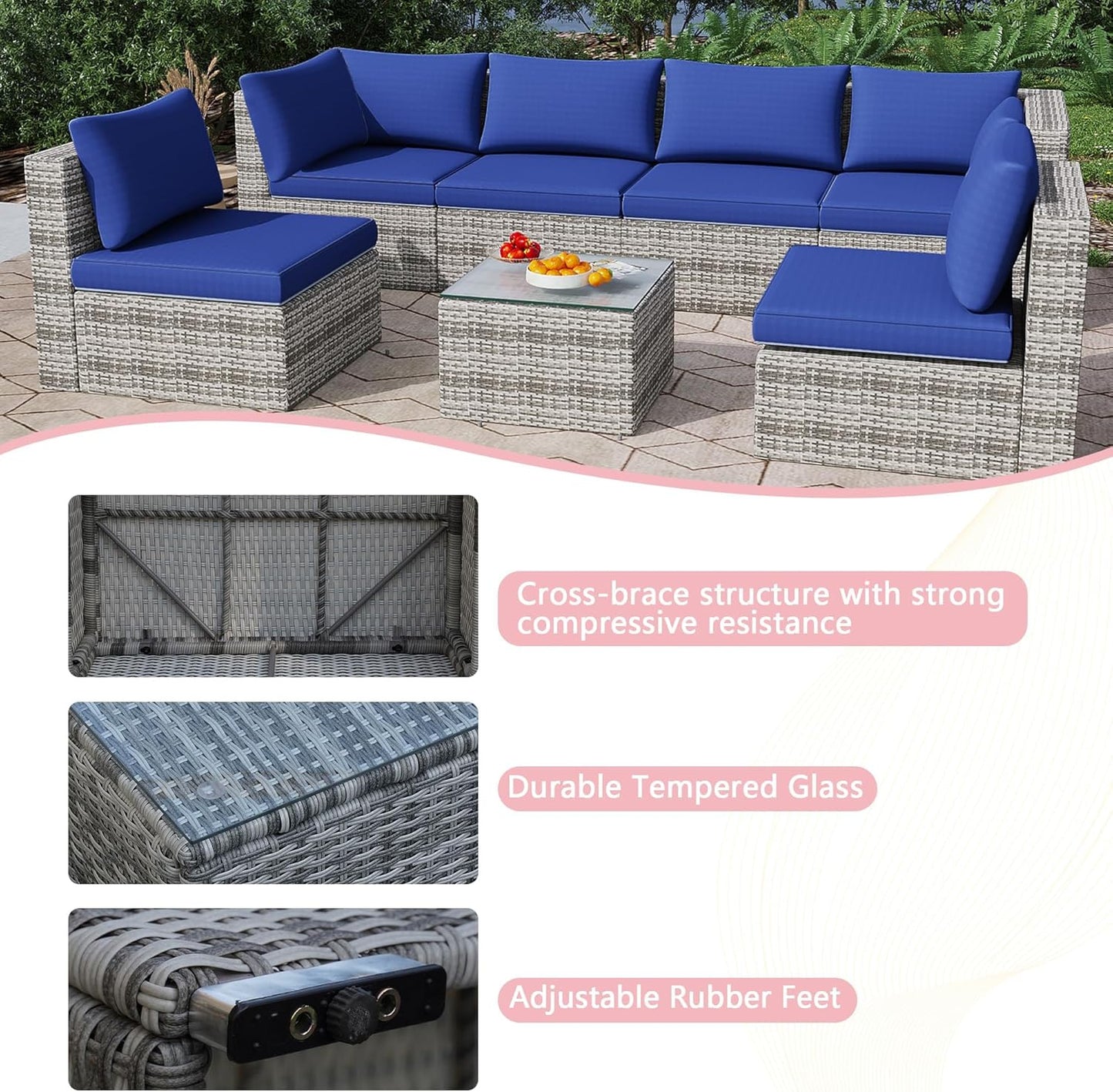 7-Piece Patio Furniture Set - Outdoor Sectional Sofa Set with Cushions and Glass-Top Coffee Table for Gardens, Poolside, Backyards and Porches, Grey/Navy Blue