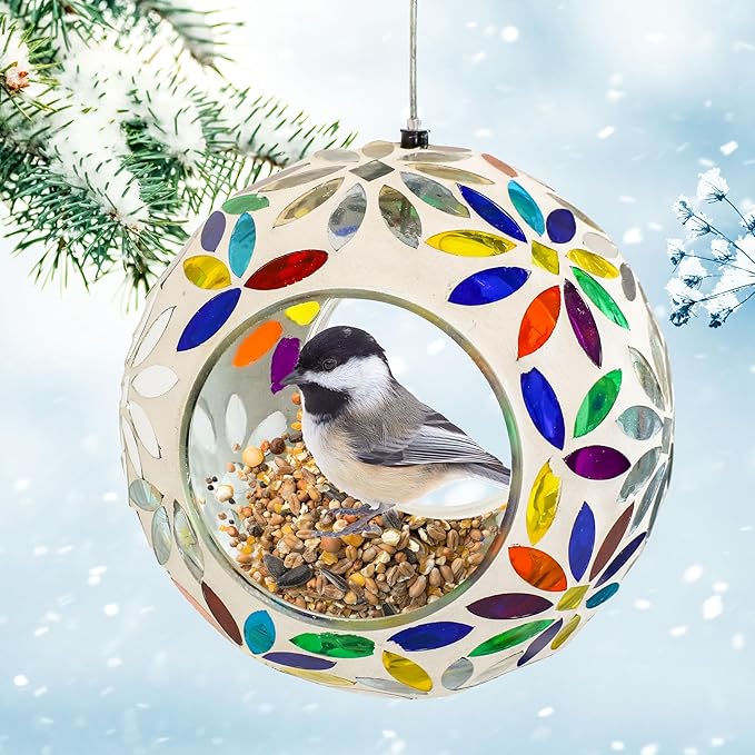 Sunnydaze 6-Inch Glass Mosaic Hanging Bird Feeder for Outdoors - Fly-Through Wild Bird Feeder - Rainbow Daisies