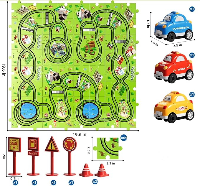 64 PCS Puzzle Race Track Car Set: Toddlers Kids Boys Girls Toys & Gifts for 3 4 5 6 Year Old | Puzzle Tracks Car Toys | with 3 Small Cars Toy and Roadblocks | Play & Learn Toy | Kid for Ages 3-5 4-6