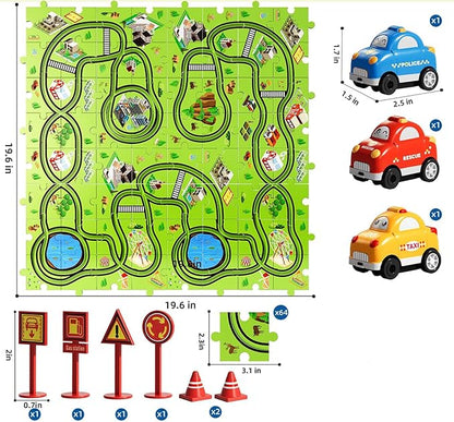 64 PCS Puzzle Race Track Car Set: Toddlers Kids Boys Girls Toys & Gifts for 3 4 5 6 Year Old | Puzzle Tracks Car Toys | with 3 Small Cars Toy and Roadblocks | Play & Learn Toy | Kid for Ages 3-5 4-6