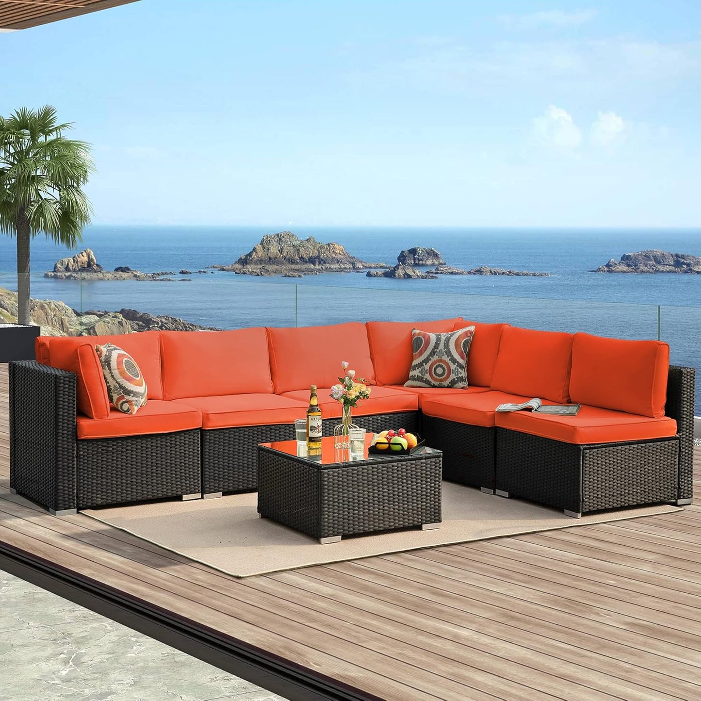 7 Piece Patio Furniture Set, Outdoor Couch Set—All-Weather Outdoor Furniture Sectional w Water Resistant Thick Cushions, Patio Sofa Set w 2 Extra Pillows and Coffee Table, Orange/Black