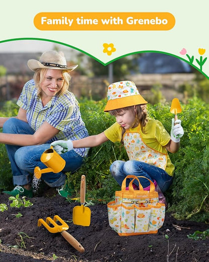 Kids Gardening Set Toys,Includes Metal Trowel,Transplanting Shovel,Garden hat,Rake,Apron,Gloves,Watering Can,and Tool Organizer Bag (Yellow)