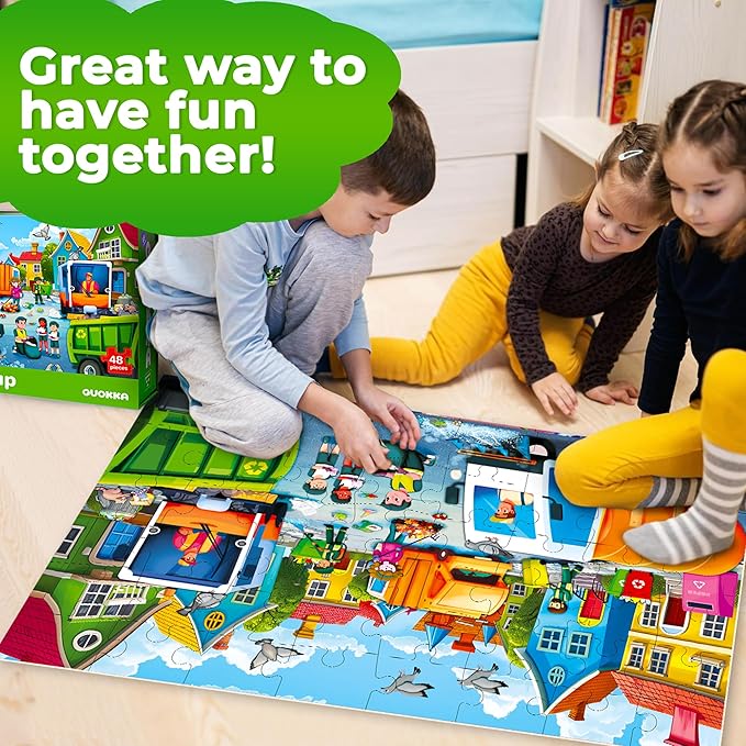 QUOKKA Giant Floor Puzzle for Kids Ages 4-6 – 2x3 Feet Extra-Thick 48 Pieces Toddler Puzzle Ages 3-5 – Garbage Trucks Educational Activity for Boys Girls – Premium Box with Sturdy Handle & Magnetic
