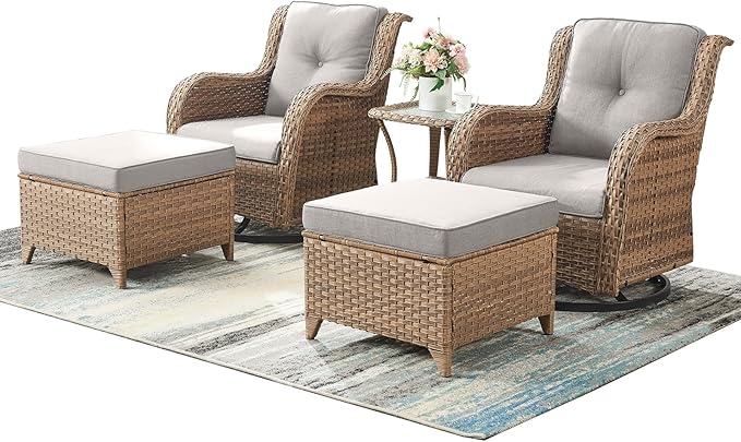 Outdoor Wicker Patio Furniture Set - 5 Pieces Rattan Patio Conversation Set with 2 Rocking Swivel Chairs,2 Ottomans and 1 Side Table for Porch Deck Backyard Garden(Yellow/Beige)