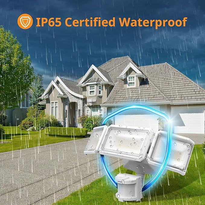 LEPOWER Battery Powered LED Flood Light Outdoor,1500LM Motion Sensor Security Lights, IP65 Waterproof,Wireless Flood Light Battery Operated,3 Head Motion Detector Light for Garage,Yard,Porch(White)