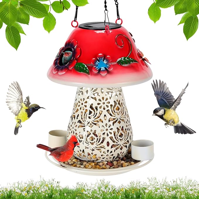 Mushroom Solar Bird Feeders for Outdoors Hanging Metal Wild Bird Feeder Garden Lantern with S Hook for Garden Decoration red