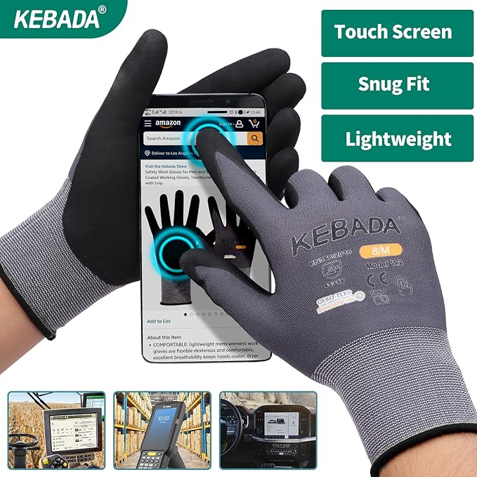 Kebada W2 Work Gloves for Men and Women, Nitrile Coated Working Gloves for Gardening, Construction, Warehouse, Safety Gloves for Work in Yard and Outdoors, 6 Pairs, Small