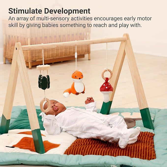 Little Big Friends Wooden Baby Activity Gym – Montessori Play Gym for Babies | Encourages Motor Skills & Sensory Development | Includes Crinkle Fabrics, Wooden Chimes & Hanging Toys – Forest