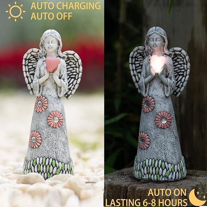 Solar Angel Statue - Garden Sculpture with Resin Decor for Patio, Lawn, Yard, Porch - Housewarming Gift, 10.03"
