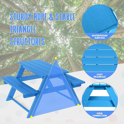 Costaelm Kids Picnic Table, HDPE All Weather Outdoor Toddler Picnic Table and Chair Set Kids Bench for Patio, Backyard, Garden, Lawn, Pacific Blue