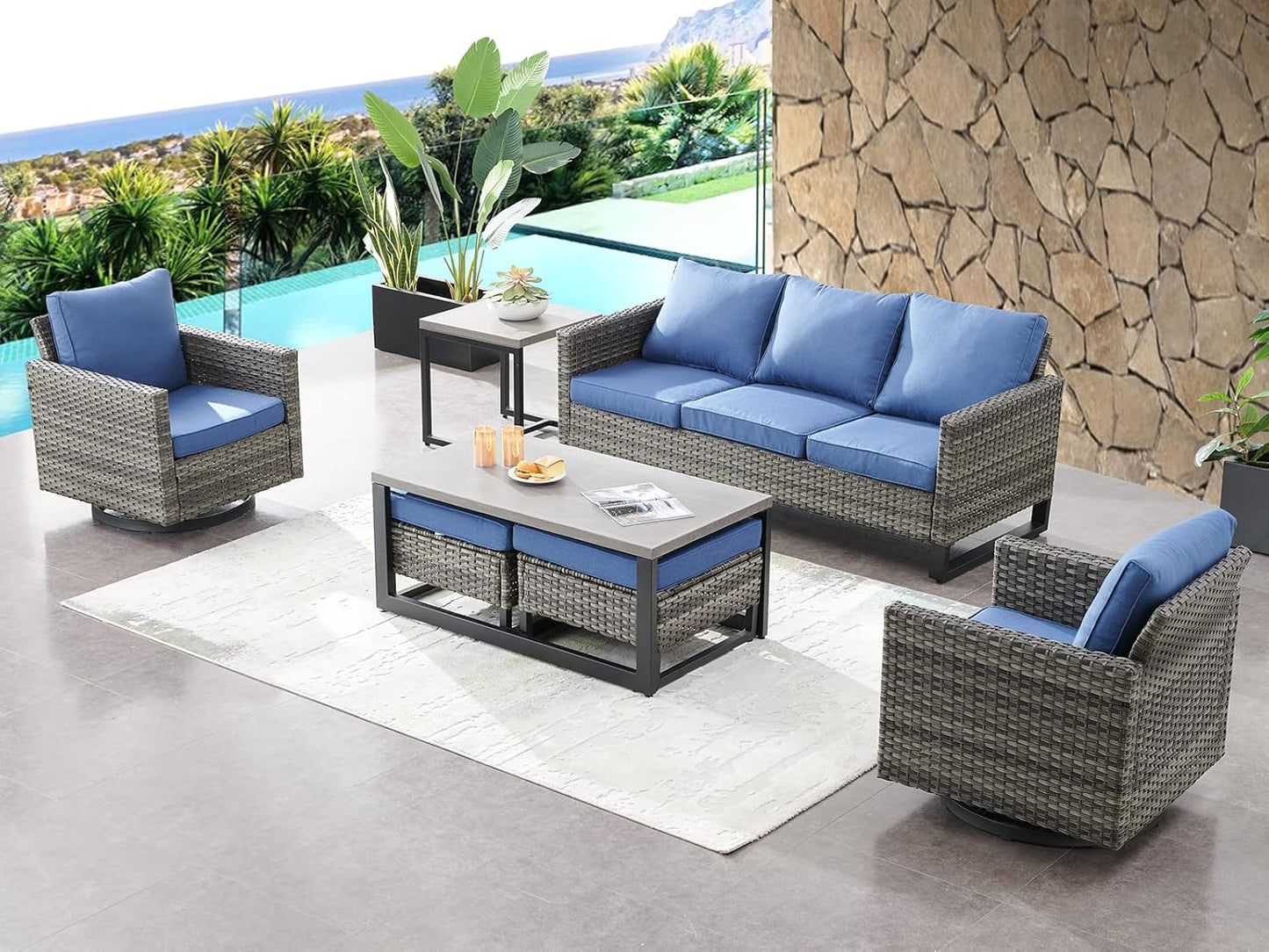 HUMMUH Patio Swivel Chairs Set of 2,PE Wicker Outdoor Rocker Chairs Bistro Set Porch Balcony Furniture with Cushions