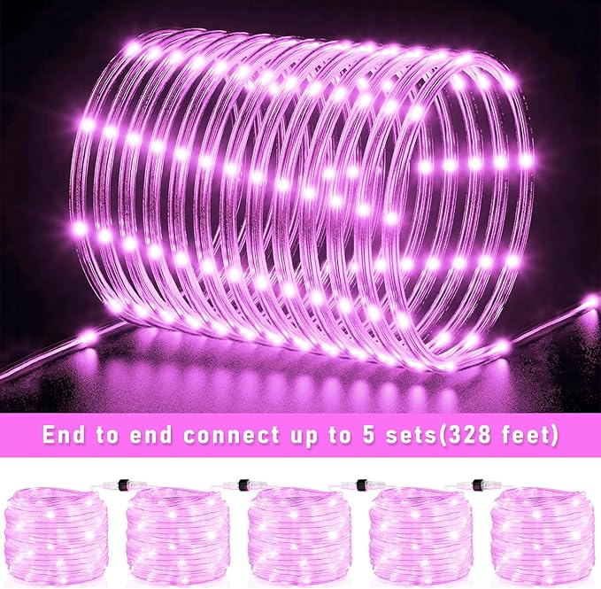 Rope Lights for Outside, 66FT 200 LED String Lights Outdoor with Waterproof 8 Modes, Flexible and Connectable Plug in Fairy Light for Indoor Patio Pool Garden Party Wedding Decorations, Pink