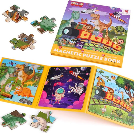Magnetic Puzzles for Kids Ages 4-6, 36-Piece Toddler Travel Toys Animals and Space Puzzles Ages 3-5, Educational Learning Magnets, Ideal Road Trip Activities Toys for 3 4 5 6 Boys and Girls