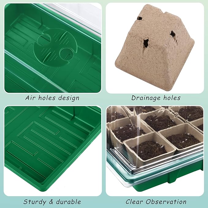 4 Pack Seed Starter Tray Kit, 120 Square Seed Peat Pots for Seedlings with Plants Labels, Planting Tools, Plastic Growing Germination Trays with Lids for Indoor Outdoor Gardening, Green