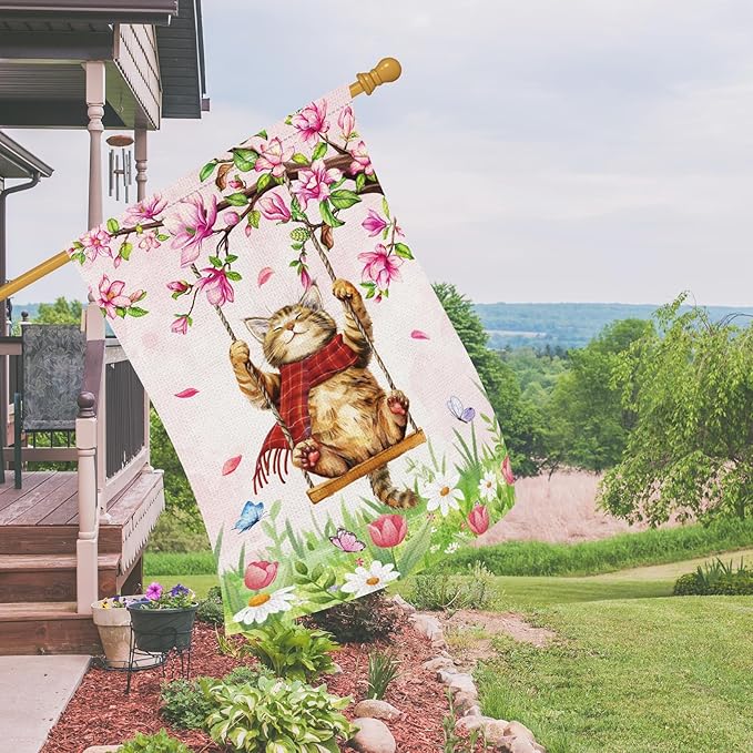 Heyfibro Spring Cute Cat Welcome Garden Flag 28x40 Inch Double Sided Burlap, Summer Magnolia Butterfly Flower Floral Yard Banner for Seasonal Holiday Farmhouse Outdoor Decor(ONLY FLAG)