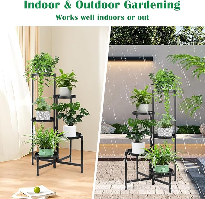 Plant Stand Indoor Outdoor 5 Tier Foldable Corner Tall Plant Shelf for Multiple Plants, Black Metal Tiered Plant Stand Sturdy and More Balanced for Garden Patio Lawn Balcony (5 tier)