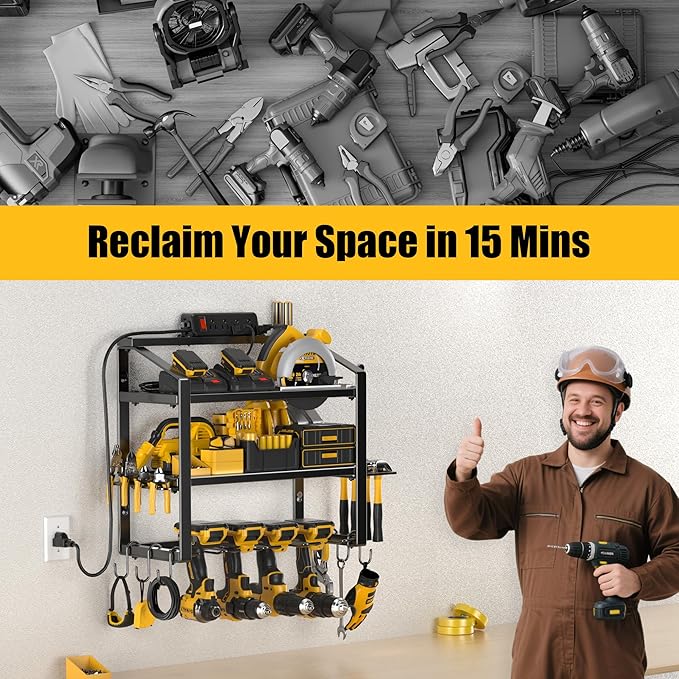 Power Tool Organizer With Charging Station, Heavy Duty Steel 4 Slots, Tool Battery Holder with 4 Outlet Power Strip, Easy To Install Garage Storage Rack for Workshop/Shed Gift For Men